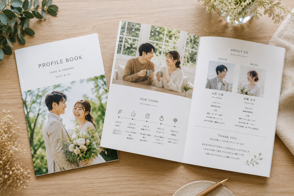 A5サイズのプロフィールブックに新郎新婦の写真やプロフィール、ふたりのストーリーを配置したイメージ