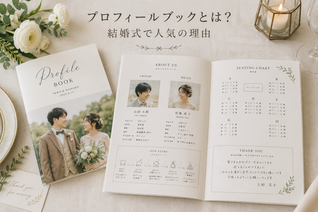 結婚式のテーブルに置かれたプロフィールブックと開いた中綴じ冊子のイメージ
