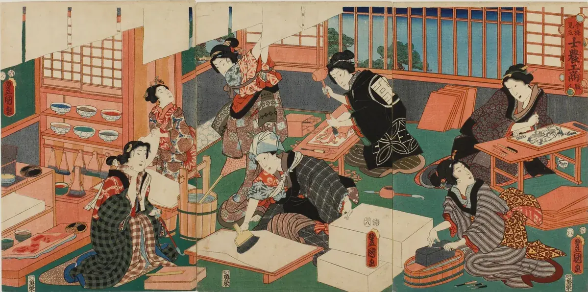 歌川国貞『今様見立士農工商之内 職人』（1857年）。錦絵ができるまでの工程を描いた三枚続の錦絵